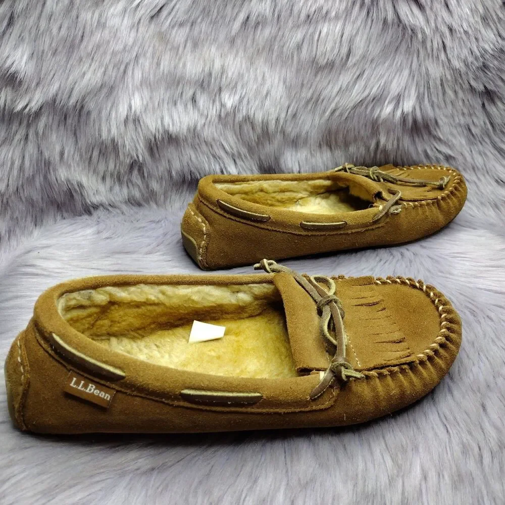 LL Bean Tan Suede Shearling Lined Moccasin Slippers Womens Size 8 293108 #1 - Picture 3 of 6